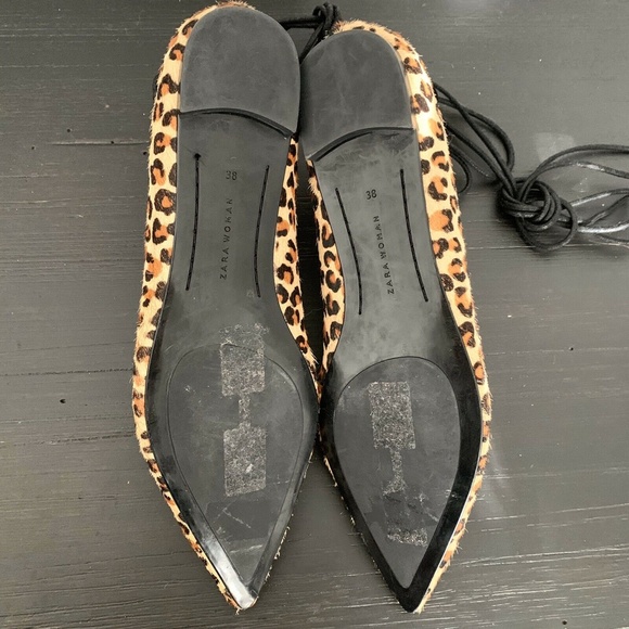 Zara Brown Leopard Pointed Toe Lace Up Flats - Picture 8 of 8